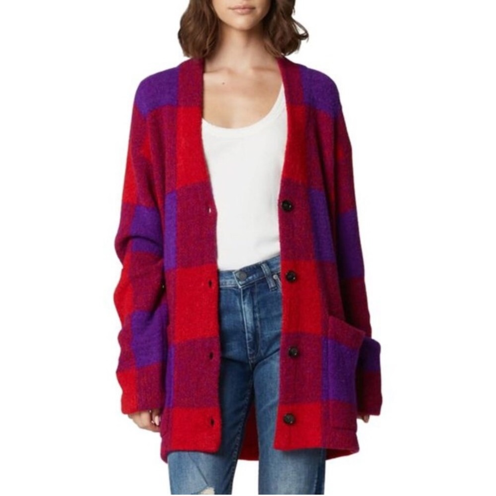 BLANKNYC Long Checkered Red Purple Plaid Tartan Cardigan Size Med - S - XS